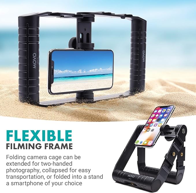 Movo SPR-20 Foldable Smartphone Video Rig Cage with Cold Shoe Mounts for Microphone or LED Light - Vlogging Mount Compatible with iPhone, Android - Smartphone Video Stabilizer Grip - Filming Equipment