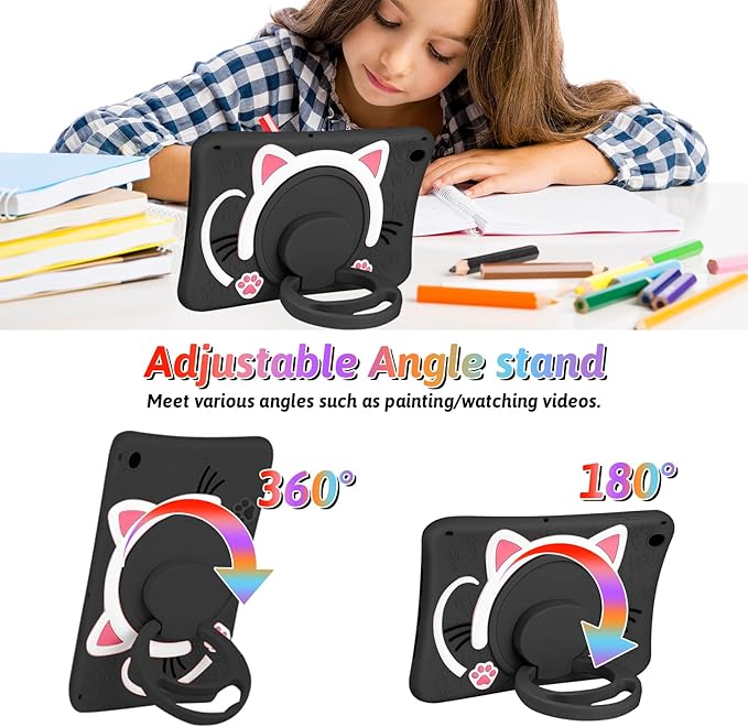 Dteck for iPad Pro 11 Case 2022/2021/2020/2018,iPad Air 5/4 Case,Cute Cartoon 3D Unique Rotating Handle Stand Shoulder Strap Soft Silicone Funda Rugged Shockproof Protective Kid-Proof Case,Black Cat