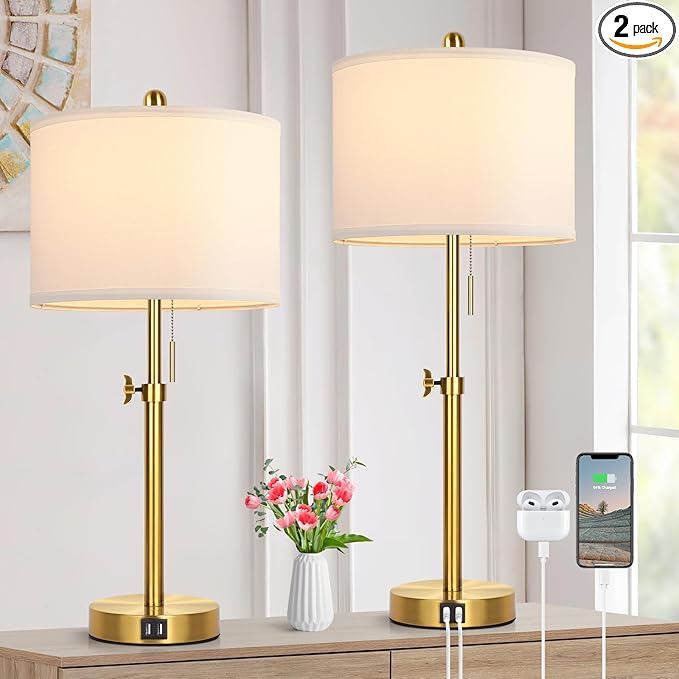 Kondras Table Lamp Set of 2, Bedside Lamp with 2 USB Ports, Gold Tall Table Lamp for Living Room End Tables, 23" to 30" Height Adjustable Lamp for Bedroom, Farmhouse Table Lamps with Pull Chain, E26