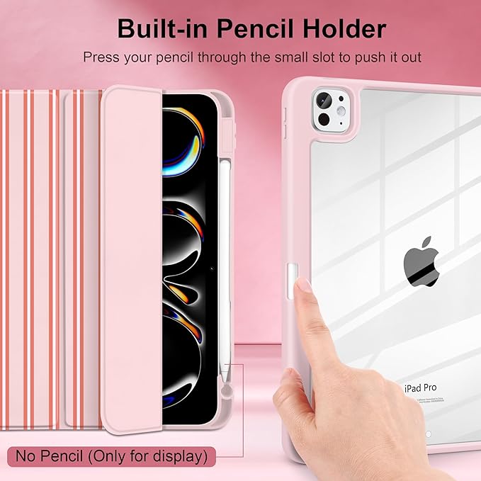 Case for iPad Pro 11 Inch (M5 2025 M4 2024) – [Built-in Pencil Holder], Shockproof & Stylish, Clear Hard Back + Soft TPU Edge, Magnetic Trifold Stand, Auto Wake/Sleep, Pink Stripes