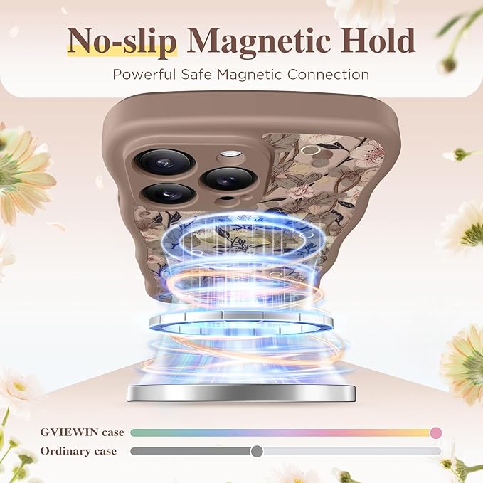 GVIEWIN for iPhone 16 Pro Max Case Compatible with MagSafe [Curly Wave Edge][Full Camera Protection] Floral Translucent Shockproof Magnetic Women Phone Case for 16 Pro Max, Apricot Blossom/Brown