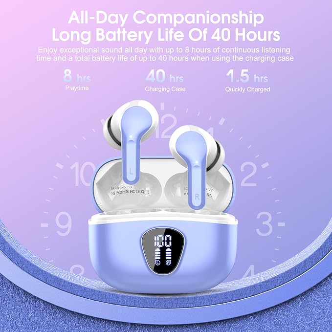 Wireless Earbuds, Bluetooth 5.4 Headphones HiFi Stereo, Bluetooth Earbuds with ENC Noise Cancelling Mic,IP7 Waterproof in Ear Earphones, 48H, LED Display Ear buds for Pad Phones Workout, White Purple