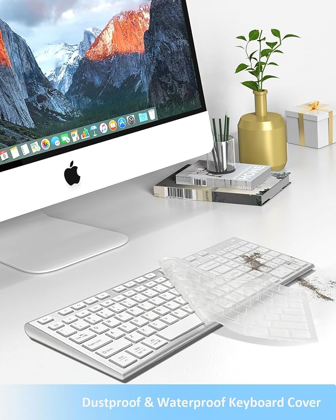 FENIFOX Wireless Keyboard, Bluetooth & 2.4G USB & USB-C Rechargeable Silent Ultra Quiet Low Profile Compact Full Size with Number Pad Soft Multi Device for Mac MacBook Windows PC - White & Silver
