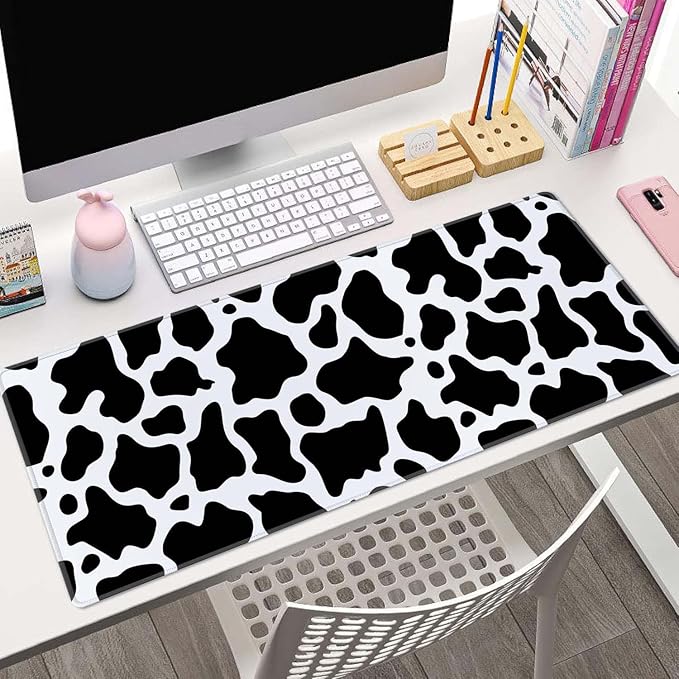 Cute Cow Pattern Desk Pad - Large XL 31.5''X 11.8'' Gaming Mousepad - White & Black - On Top of Desks - Laptop Computer Keyboard Mouse Mat