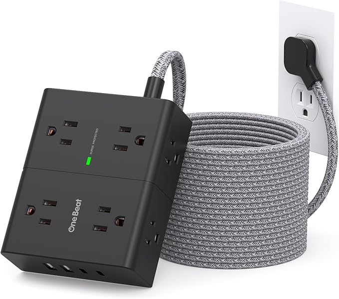 Surge Protector Power Strip 25 Ft Cord, Ultra Thin Flat Extension Cord with 8 Outlets 4 USB Ports(2 USB C), Flat Plug Power Strip, 25 Ft Long Braided Power Cord for College Dorm Room Essentials-BK