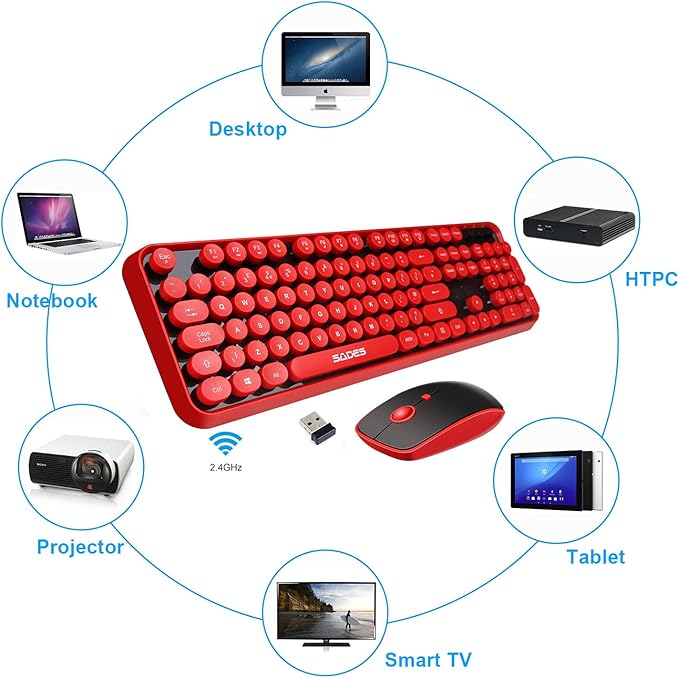 Red Wireless Keyboard and Mouse Combo, Retro Typewriter Style Round Key Keyboard with Bubble Keycaps, 2.4GHz Full Size with Number Pad, Cute Aesthetic Clicky Creamy Keyboard for PC Laptop Desktop