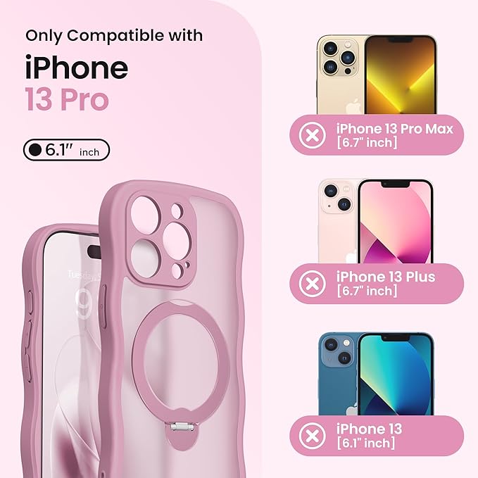 CAPRARO for iPhone 13 Pro Case with 360° Spin Magnetic Stand for Women, [Compatible with MagSafe] [Full Camera Protection] Cute Wave Translucent Matte Case for iPhone 13 Pro, Black Currant