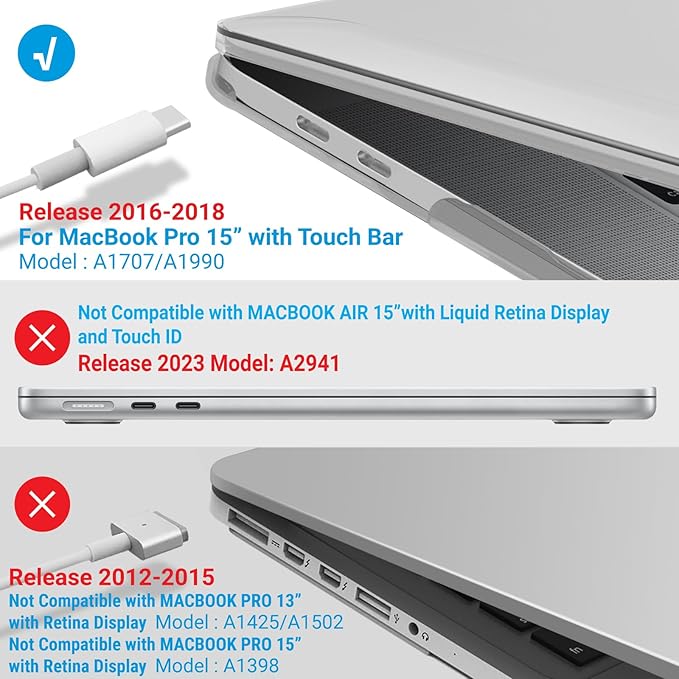 IBENZER Compatible with MacBook Pro 15 Inch Case 2019 2018 2017 2016 A1990 A1707, Hard Shell Case with Keyboard Cover & Type C Adapter for Mac Pro 15 Touch Bar, Crystal Clear, T15CL+1TC