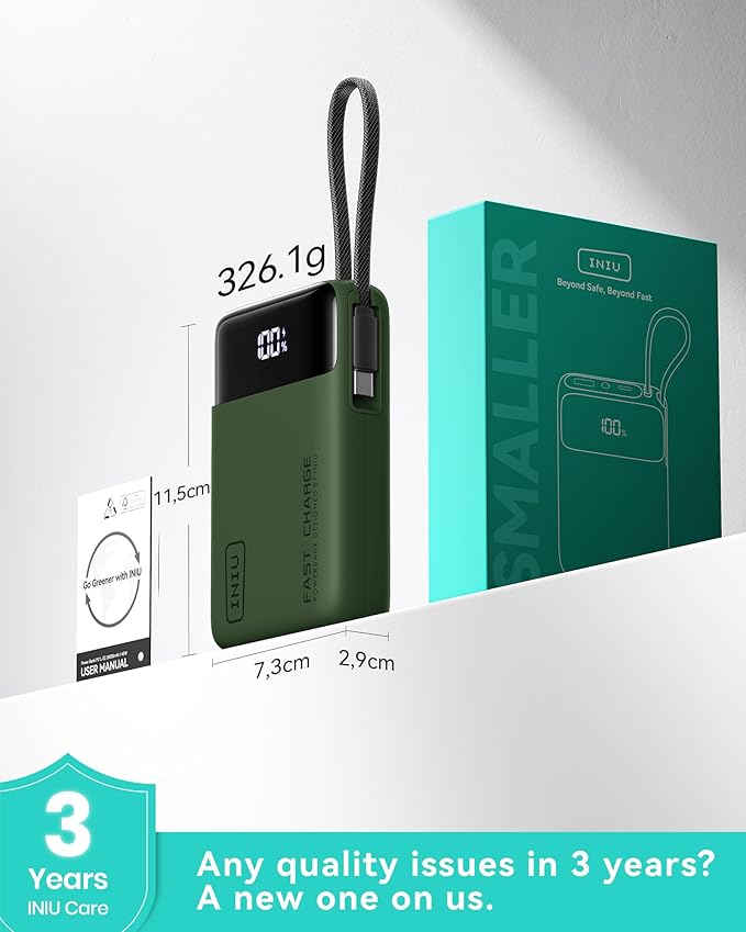 INIU 20000mAh Power Bank, Smaller 45W PD Fast Charging Portable Charger, Battery Pack with Build in USB C Cable, Travel Phone Flight-Safe Powerbank for iPhone 17 16 Samsung S26 Google iPad, Green