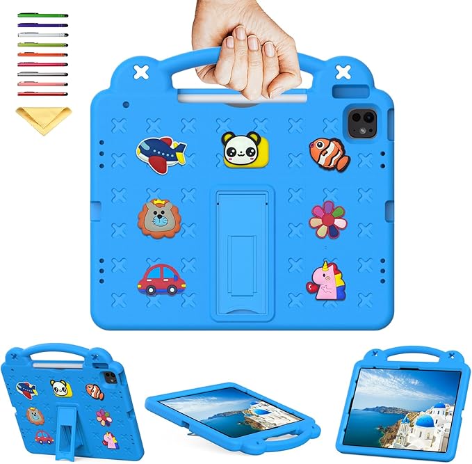 Kids Case for iPad Air 13 inch M3 2025/M2 2024,iPad Pro 13 inch M4 2024 & iPad Pro 12.9 inch Case 6th/5th/4th/3rd Gen 2022 2021 2020 2018 with Stand/Pencil Holder/Handle, Sky Blue Bear