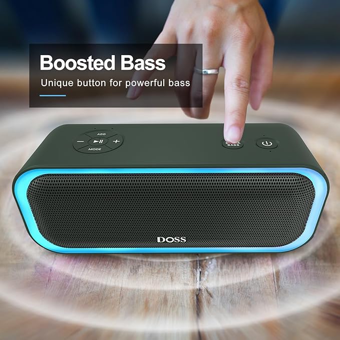 DOSS SoundBox Pro Bluetooth Speaker, 20W Stereo Sound, Active Extra Bass, 20H Playtime, Multi-Colors Lights, Wireless Stereo Pairing, IPX6 Waterproof for Garden, Hiking, Camping-Cypress Green