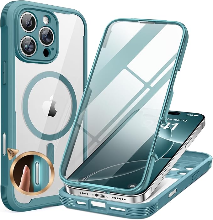 Miracase for iPhone 16 Pro Max Case 6.9'', [Bubble Free] Full-Body Phone case with Built-in Full Glass Screen &Lens Protector,Compatible with MagSafe,Drop Proof 16 Pro Max Cover, Green