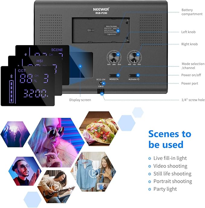NEEWER 2 Pack RGB Video Light with Tripod Stands NP-F550 Batteries, Studio LED Panel Key Lighting Kit for Game Streaming YouTube Recording Photography Photoshoot Podcast, APP Control/CRI97+, RGB-P280