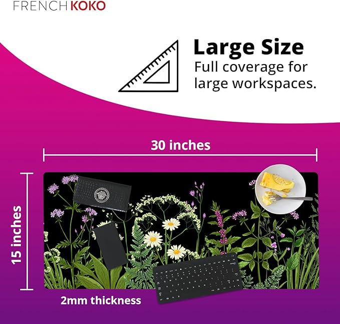 French KOKO Desk Mat, Large Desk Pad Large Mouse Pad Cute Desk Accessories Home Office Essentials Floral Desk Mat Desk Pad Mat for Keyboard Mouse Desk Pads On Top of Desks Computer Women Girls