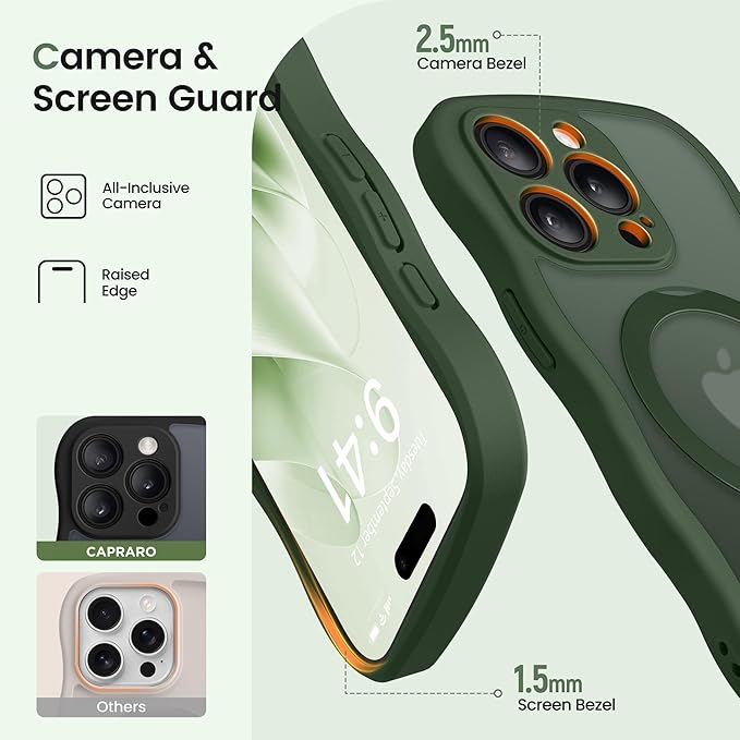 CAPRARO for iPhone 13 Pro Max Case with 360° Spin Magnetic Stand for Women, [Compatible with MagSafe] [Full Camera Protection] Cute Wave Translucent Matte Case for iPhone 13 Pro Max, Dark Green