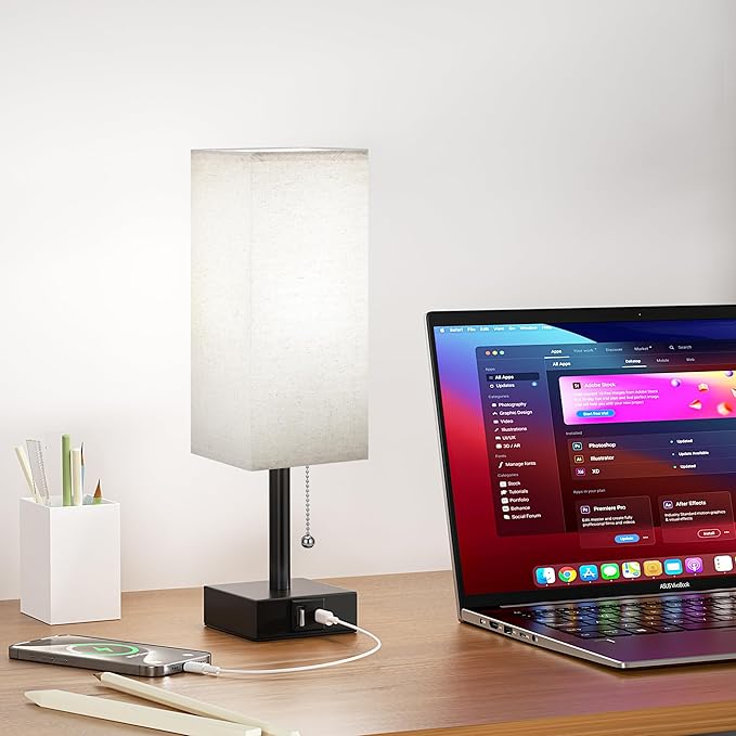 aooshine Small Linen Bedroom Lamp - 3 Color Temperature 3000K 5000K 4000K Bedside Lamp, Pull Chain Control, USB A and C Charging Ports, Black Base, for Kids Office Dorm, Bulb Included