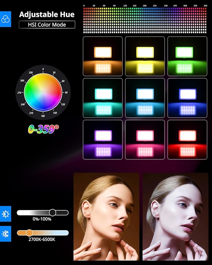 UBeesize 2-Pack RGB Photography Lighting, Studio Lights with Adjustable Tripod Stand and Ball Head, Video Light for Video Recording, Live Streaming, Makeup