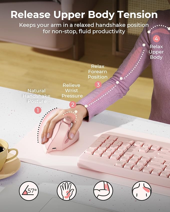 seenda Ergonomic Mouse Wireless, MOU-302 Bluetooth Vertical Mouse Rechargeable, Volume Knob, Silent Mice & 1000/1600/2400 DPI, 3 Multi-Device Connection for Windows/PC/Laptop/Mac/MacBook, Pink