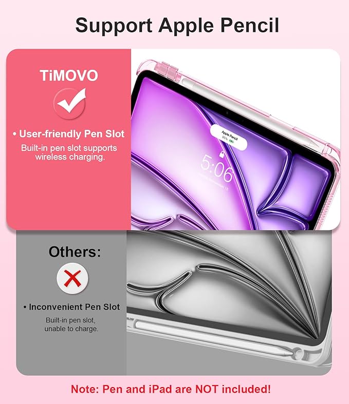 TiMOVO Case for iPad Air 11 Inch M4 2026/M3 2025/M2 2024, iPad Air 5th Generation 2022/4th Gen 2020 10.9 Inch with Pencil Holder, Stand Cover with Translucent Back, Auto Wake/Sleep, Flowers Pink