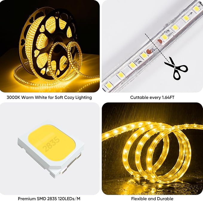 Shine Decor LED Strip Light 50FT 120VAC, Super Bright 6337 Lumens Dimmable, IP65 Waterproof for Outdoor Indoor, 3000K Warm White Lighting Rope 6x10mm, ETL Listed 15M Every 1.6ft Cuttable