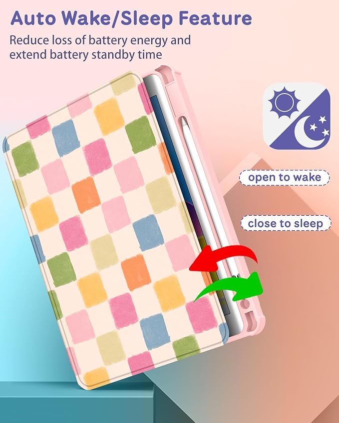 Uppuppy for iPad 9th/8th/7th Generation Case for iPad Air 3rd/ Pro 10.5” Case - 360 Rotating Stand Folio Smart Cover with Pencil Holder for Women, Colorful Checkered for Apple Tablet 7/8/9 Gen 10.2”