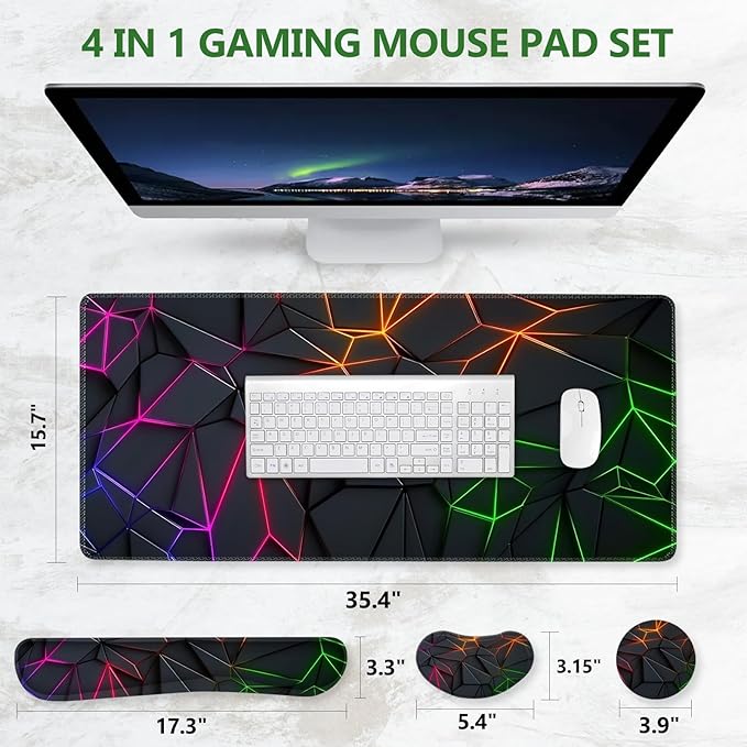DINKY Gaming Mouse Pad Wrist Support Set, Large Desk Mat Protector, XXL Mousepad +Keyboard Wrist Rest+Ergonomic Mouse Wrist Pad +Coaster Desk Pad, Glowing Diamond Grid
