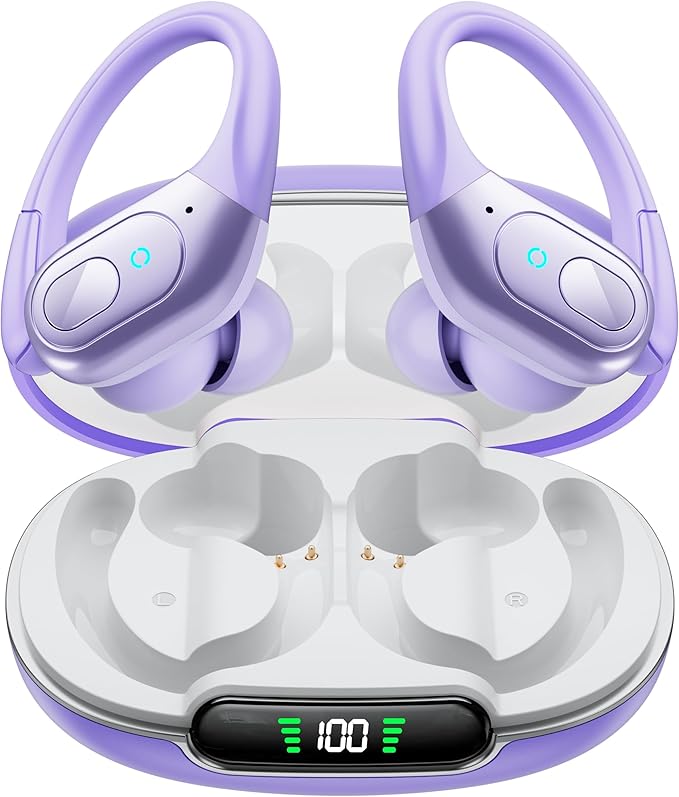 occiam Active Noise Cancelling Earbuds Wireless Bluetooth Headphones Ear Buds 90Hrs Playback Stereo Bass Earphones with Mic Over-Ear Hooks IPX7 Waterproof Headset for Work Sports (Purple)