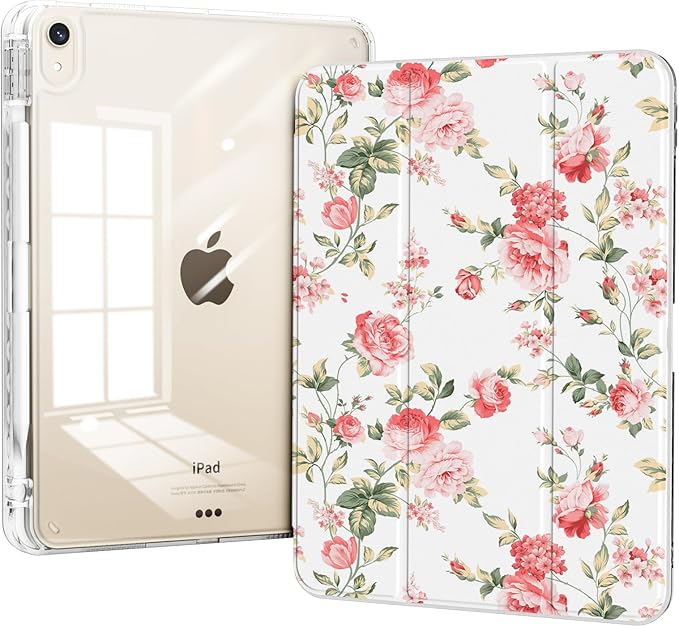 for iPad Air 11 Inch M4 (2026)/ M3 (2025)/ M2 (2024) Case, iPad Air 10.9" 5th/4th Generation Case 2022/2020 with Pencil Holder, Slim Trifold Stand Clear Back Cover, Pink Roses