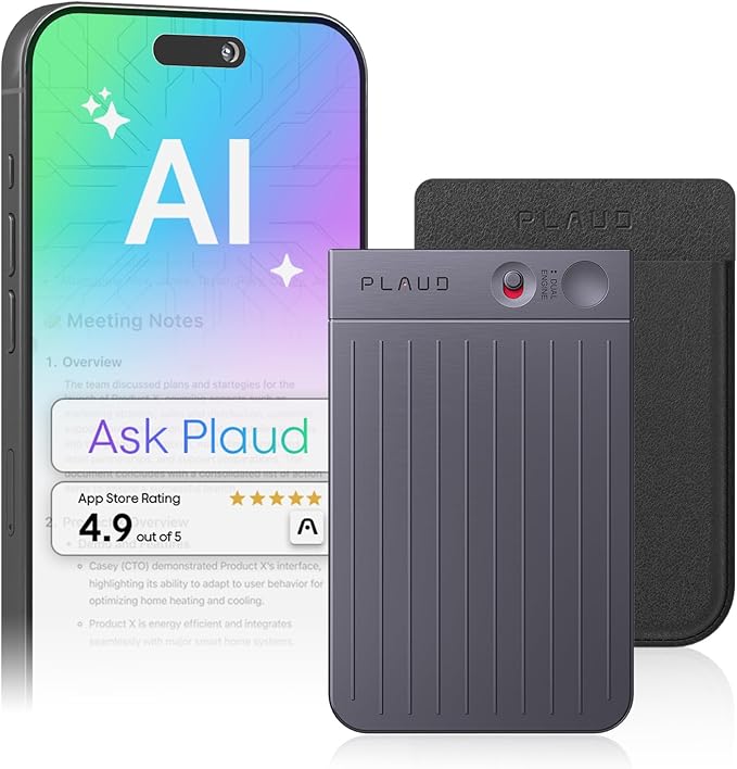 Plaud Note AI Voice Recorder, Note Taker w/Case, App Control, Transcribe & Summarize with AI, Support 112 Languages, for Meetings, Calls, Lectures, Professionals, Teams, Black, Non-Pro Version