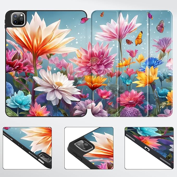 Tuiklo for iPad Pro 12.9 inch 6th / 5th / 4th / 3rd Generation 2022 2021 2020 2018 Release Case- Built in Pencil Holder Slim Protective Cover with Auto Wake/Sleep, Multicolored Floral