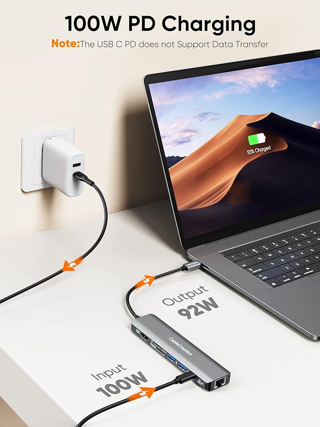 USB C Hub 4K 60Hz, CableCreation 7-in-1 USB-C Hub Multiport Adapter with 1Gbps Ethernet, HDMI, 2 USB 3.0 Ports, 100W PD and SD/TF Cards Reader, Compatible with Steam Deck MacBook Pro/Air, iPad Pro