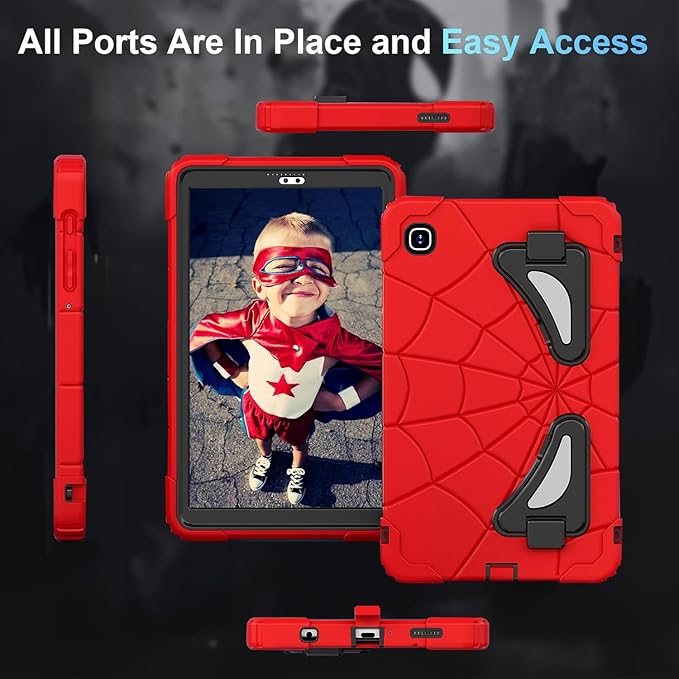 Case for Samsung Tab A7 Lite 8.7 inch 2021 Release SM-T220/T225/T227u, Shockproof Cute Kids Silicone Protective Cover for Galaxy Tab A7 Lite 8.7 inch with Kickstand Shoulder Strap, Red+Black