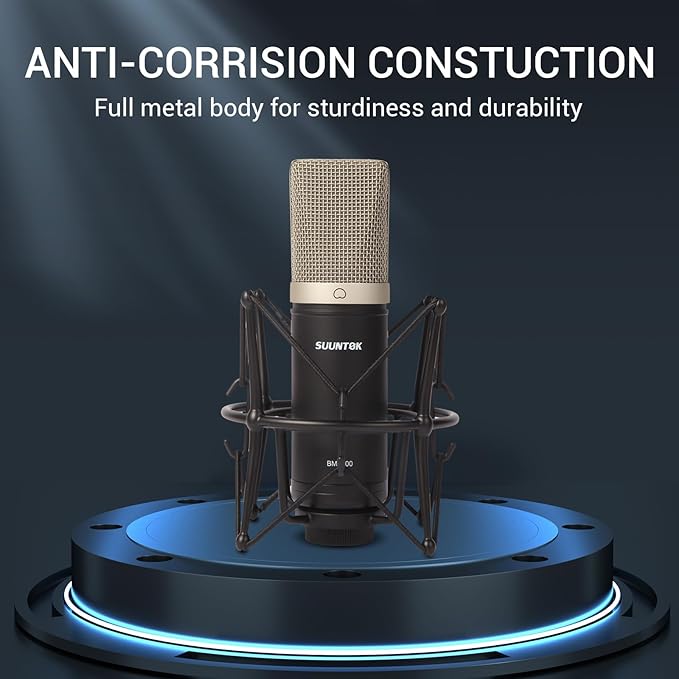 SUUNTOK Condenser Microphone XLR, Large Diaphgram Professional Recording Cardioid Microphone Kit w/Shock Mount, for Studio, Live Streaming, Podcasting, Voice-Over, You-Tube (Black)
