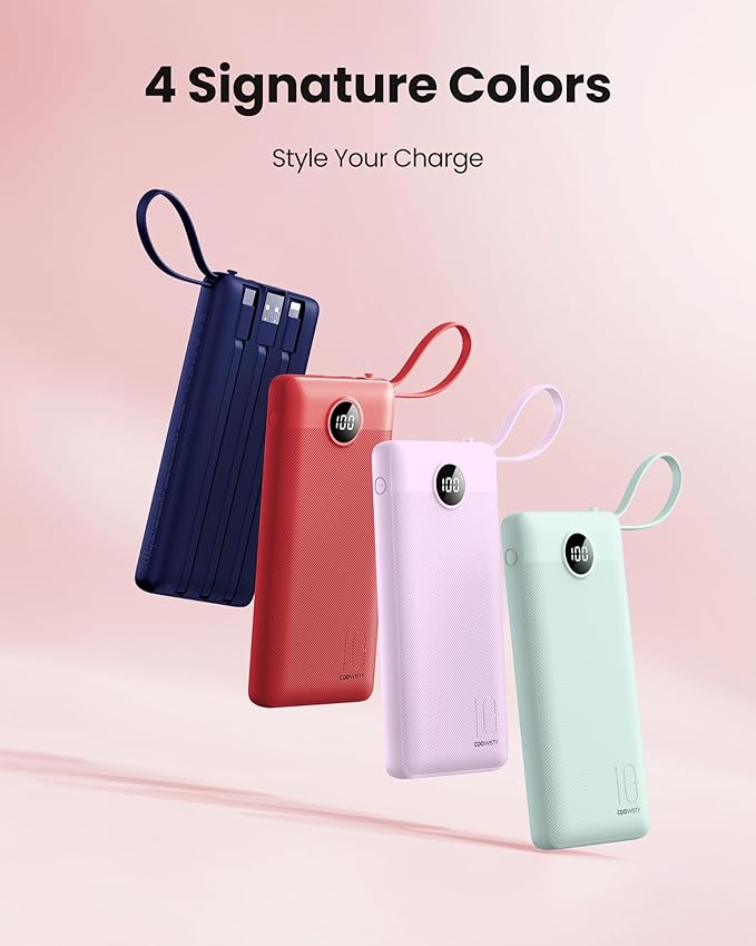 Portable Charger Power Bank, External Battery Pack with Cords Wires, Light 10000mAh Travel Essentials Battery Bank 5 Outputs 2 Inputs LED Display Compatible with iPhone/Android &More(Magenta)