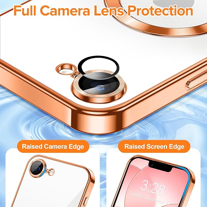 Hython Magnetic Clear for iPhone 17e Case with Camera Lens Protector [Compatible with MagSafe] Luxury Plating Edge Slim Soft TPU Cover Protective Phone Case for iPhone 17e 6.1", Orange