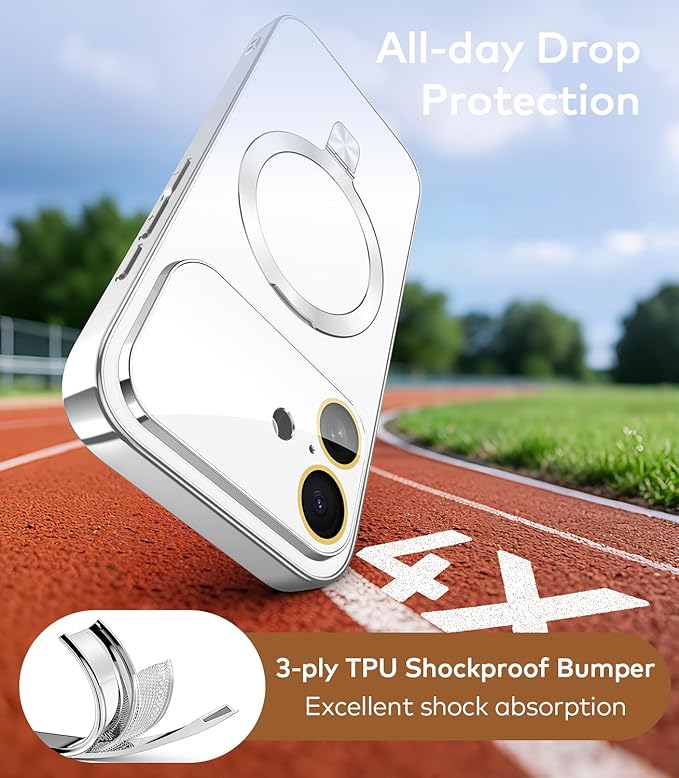 TOBOVON Magnetic for iPhone 17 Case with Ring Stand, Fits MagSafe, with Built-in Camera Lens Protector, Slim Electroplated Shockproof Phone Cover, Silver