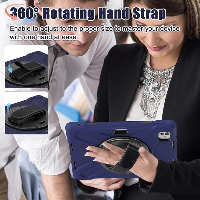 Batianda Case for New iPad Pro 11-inch 2025 M5 2024 M4 Chip Heavy Duty Rugged Durability Silicone Tablet Cover with 360° Rotating Hand Strap Foldable Hidden Stand & Shoulder Strap, Navy Blue
