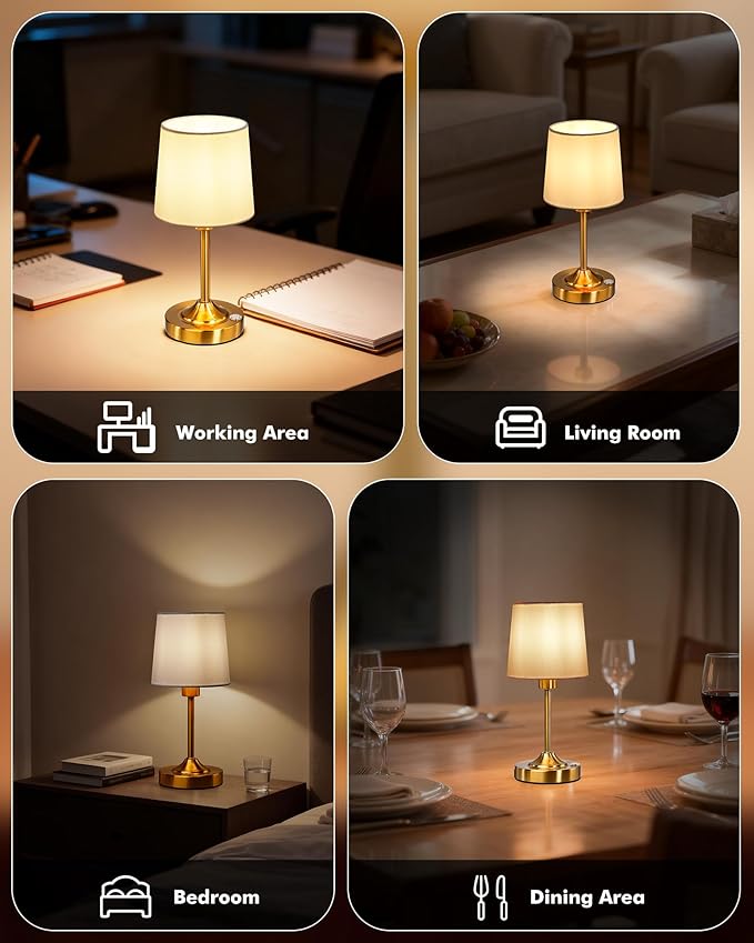 Cordless Table Lamp, 5000mAh Rechargeable LED Desk Lamp with 3-Level Dimmable Brightness, Portable Nightstand Light for Bedroom, Living Room, Bedside, Dining Room (Polished Gold) - 2 Pack