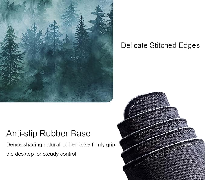 Desk Mat, Big Desk Pad, XL Extended Gaming Mouse Pad, Large Mouse Pad for Desk Rubber Base Mousepad with Stitched Edges, Keyboard Mouse Mat for Work, Game, Office, Home - Watercolor Forest Misty