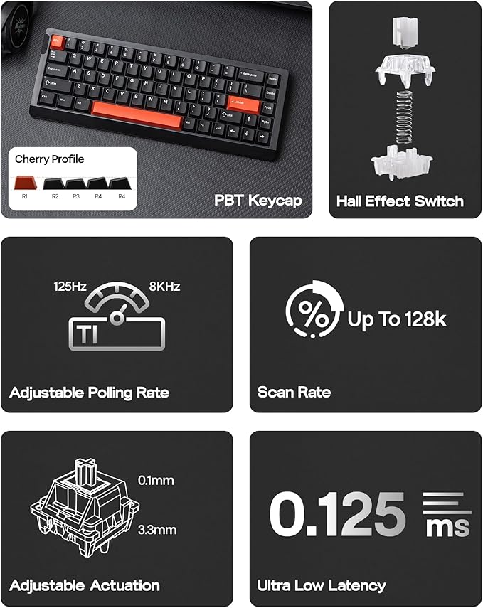 EPOMAKER HE68 Lite Hall Effect Gaming Keyboard, 8k Polling & 128K Scan Rate, 0.005mm Adjustable Trigger, 0.125ms Latency, 5-Layer Sound-Dampened, Snap Key, SOCD, A-RGB, Wired, Mac Software (Black Red)