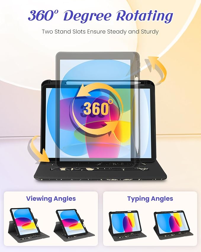 Kidcube for iPad 10th Generation Case 2022, for iPad (A16) Case 11th Generation 2025 - Women Girls Cute Rotating Stand Folio Cover with Pencil Holder & Card Slot Girly Sun Moon Star Design Teens Cases