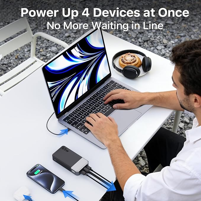 NOBIS Portable Charger, 65W 20000mAh Power Bank Fast Charging PD QC, 2 USB-C(in/Out) & 2 USB-A Battery Pack with Digital Display for Laptop Phone 17 Tablet Earbuds