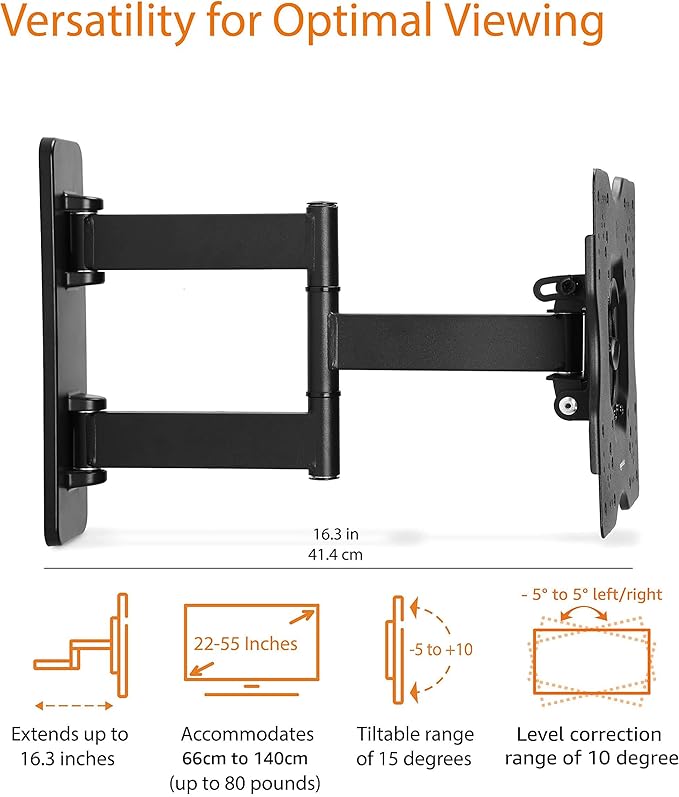 Amazon Basics Full Motion Articulating TV Wall Mount, with Swivel and Tilt, for 26" to 55" TVs and Flat Panels up to 80 Lbs, VESA Compatible, Single Stud, Black