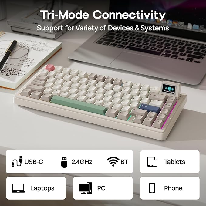 EPOMAKER RT82 Wireless Mechanical Keyboard with Screen, VIA Custom, 2.4GHz/USB-C/BT5.0, RGB Backlit, Gasket, 5-Paddings, PBT Keycaps, Hot-Swap Retro Gaming Keyboard (Sea Salt Silent)