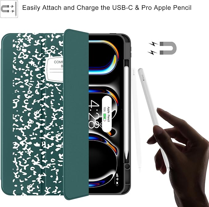 Soke Case for New iPad Pro 13 Inch (M5/M4, 2025/2024 Release), with Pencil Holder Trifold Stand Shockproof [Support Apple Pencil Charging + Auto Wake/Sleep], Soft TPU Back Cover, Book Teal