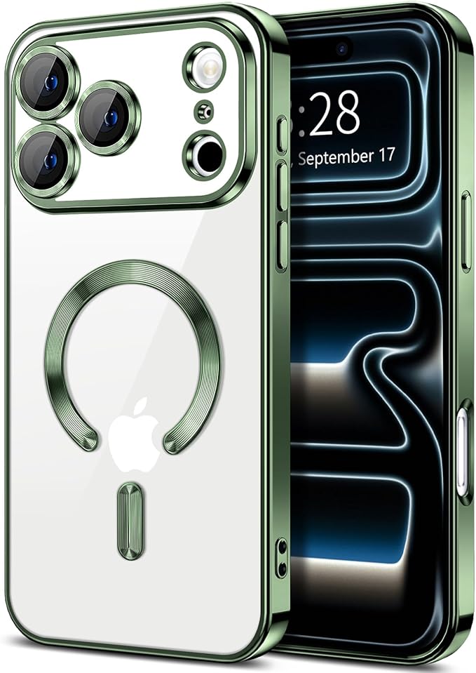 Hython Magnetic Clear for iPhone 17 Pro Case with Camera Lens Protector [Compatible with MagSafe] Luxury Plating Edge Slim Soft TPU Cover Protective Phone Case for iPhone 17 Pro 6.3", Deep Green