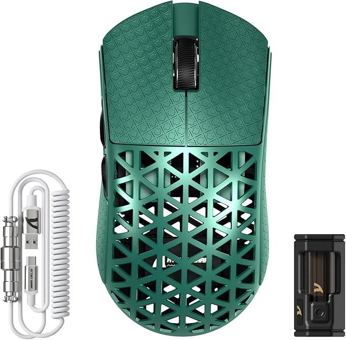 ATTACK SHARK R5 Ultra Wireless Gaming Mouse,Carbon Fiber Shell 39g Superlight,PAW3950MAX Nordic 52840 MCU 8K Polling 42K DPI Optical Sensor,BT/2.4G/USB-C Wired Mice with Coiled Cable-Green&Griptape
