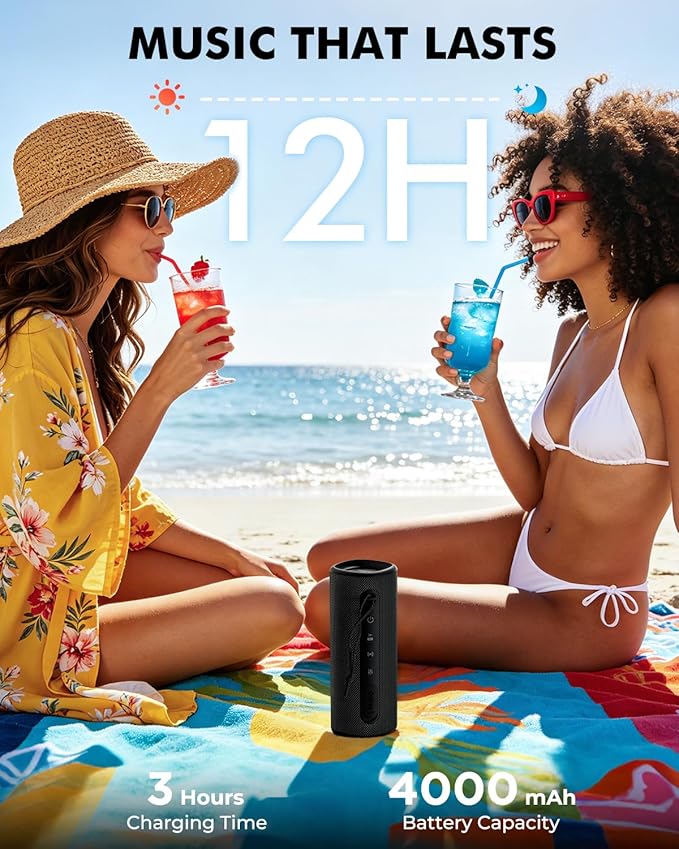 Portable Wireless Bluetooth Speaker, IP67 Waterproof Outdoor Speaker, Loud Bass, BT 6.0, 12H Playtime, RGB Colorful Lights, TWS Pairing & USB Playback, Rugged Built for Home, Beach, Pool Party, Shower