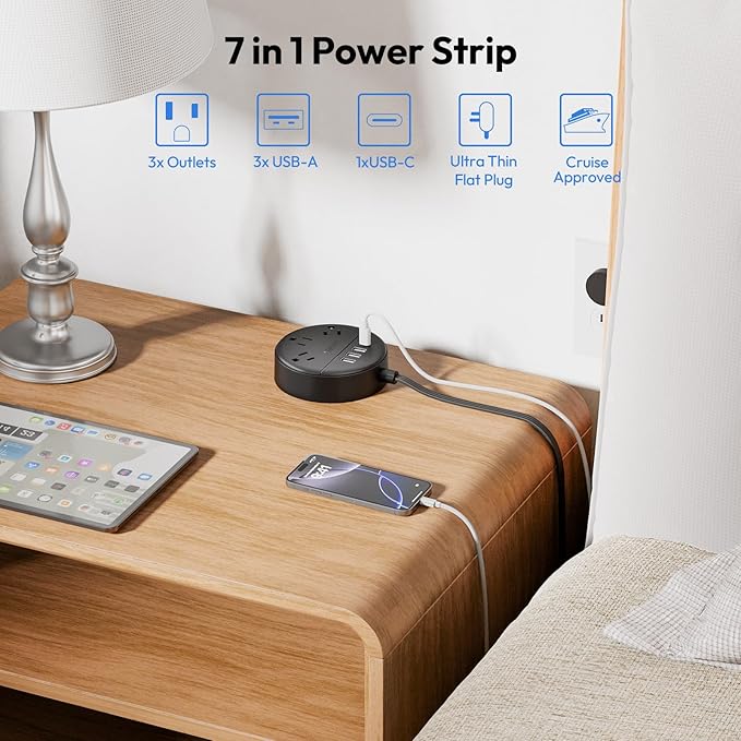 Flat Plug Power Strip with USB Ports, NTONPOWER Nightstand Desktop Charging Station with 5ft Extension Cord, Wall Mount with 3 Outlet 4 USB(1 USB C), Small Size for Travel Home Office Dorm Room, Black