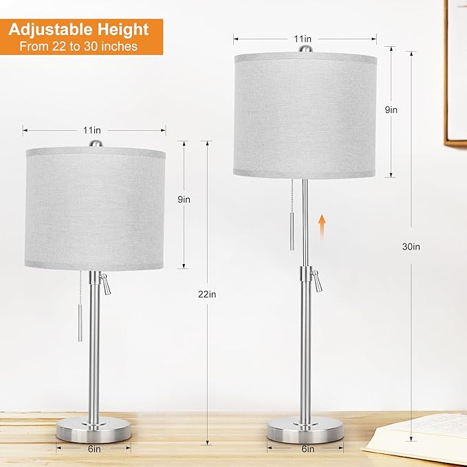 Qingmiao Table Lamps for Bedrooms Set of 2, 22" to 30" Height Adjustable Nightstand Lamps with Linen Shade, Pull Chain Switch Lamps for Living Room, 3 Way Dimmable Bedside Lamp